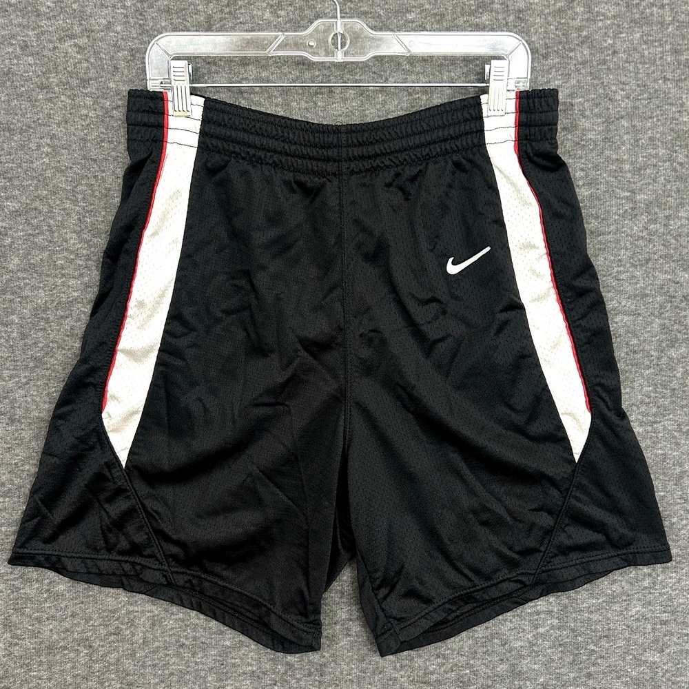 Vtg 90s Nike Basketball Short Men Medium Black Red Satin Shiny Baggy Made in USA